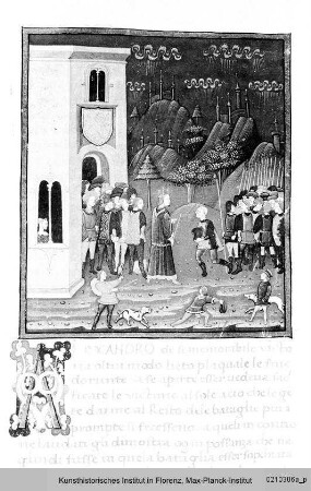 Plutarch: Vita Alexanders des Großen : Textseite mit ornamentaler Initiale (A) und Miniatur: Szene aus dem Leben Alexanders