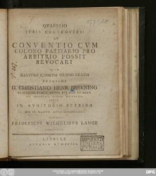 Qvaestio Ivris Controversi An Conventio Cvm Colono Partiario Pro Arbitrio Possit Revocari