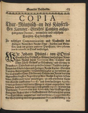 Copia Chur-Mäntzisch -an des Käyserlichen Kammer-Gerichts Cantzley außgegangenen Decreti, vermehrte und erhöhete Cantzley-Tax betreffend.