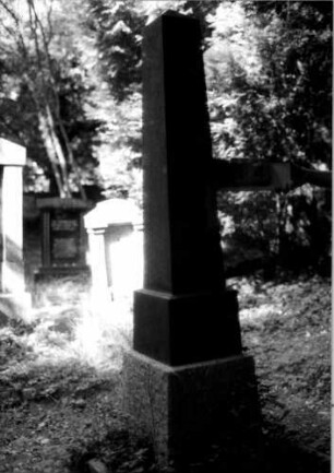 Grabstein 114 (Index: 100109202) Material: Granit, Sockel Kalkstein Zustand: gut Maße HxBxT: 199x40x40 cm Beschreibung: Obelisk, getreppter Sockel: Grabstein 114