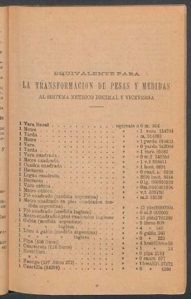 Equivalente para la transformación de pesas y medidas al sistema métrico decimal y viceversa