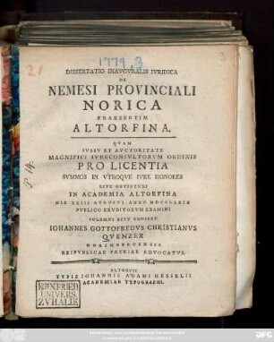 Dissertatio Inavgvralis Ivridica De Nemesi Provinciali Norica Praesertim Altorfina