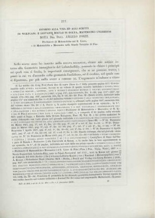 Intorno alla vita ed agli scritti di Wolfgang e Giovanni Bolyai die Bolya, matematici ungheresi.