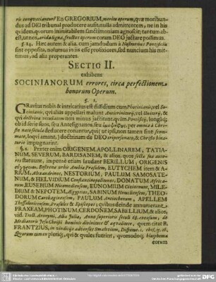 Sectio II. exhibens Socinianorum errores, circa perfectionem bonorum Operum
