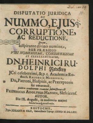 Disputatio Iuridica De Nummo, Eiusq[ue] Corruptione, Ac Reductione
