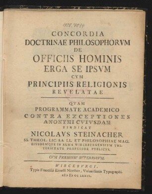Concordia Doctrinae Philosophorum De Officiis Hominis Erga Se Ipsum Cum Principiis Religionis Revelatae