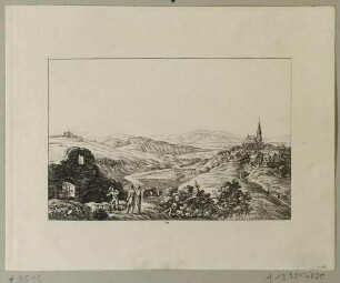 Dohna, südöstlich von Dresden, mit der Marienkirche und der Burgruine, nach Nordwesten, aus Richters "70 Mahlerischen An- und Aussichten ..."