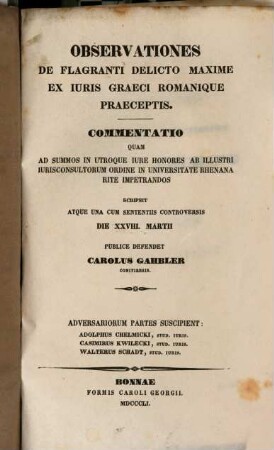 Observationes de flagranti delicto maxime ex iuris Graeci Romanique praeceptis : commentatio