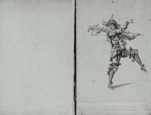 La danse commique : La danse commique (pour la folie). Blatt 6 in: Habillemens de mascarade. Einzelne Figuren gemalt auf Papier. Vor 1738. Papier, Feder in Grau, Wasserfarben über Graphit; 38,5 x 27,5 cm (Band 45,5 x 30 cm). Dresden: SLUB Mscr.Dresd.J.5