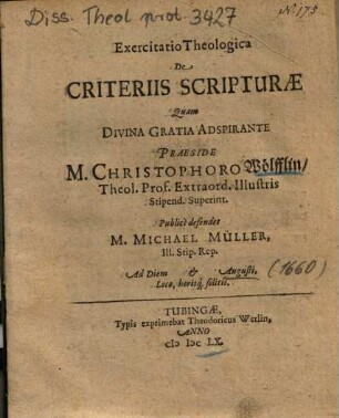 Exercitatio Theologica De Criteriis Scripturae