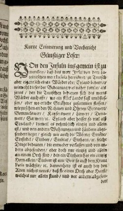 Kurtze Erinnerung und Vorbericht.