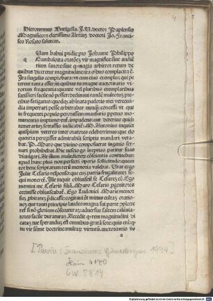 Pro Johanne Philippo Gambaloita oratio : mit Gedichten und mit Widmungsbrief des Autors an Johannes Franciscus Rosatus, Pavia 13.12.[1494]