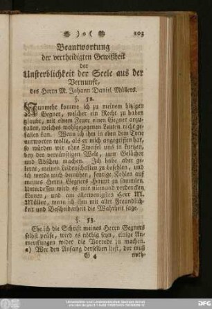 Beantwortung der vertheidigten Gewißheit der Unsterblichkeit der Seele aus der Vernunft, des Herrn M. Johann Daniel Müllers.