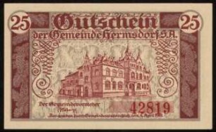 25 Pfennig Gutschein der Gemeinde Hermsdorf S.A.