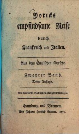 Yoricks empfindsame Reise durch Frankreich und Italien : Aus dem Englischen übersetzt, Zweyter Band