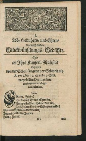 I. Lob- Gebuhrts- und Ehren- wie auch andere Glückwünschungs-Gedichte