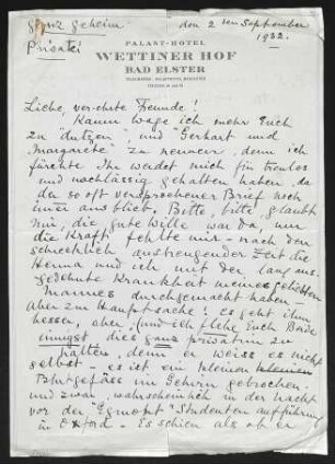 Brief von Ethel Mary Fiedler an Gerhart Hauptmann und Margarete Hauptmann