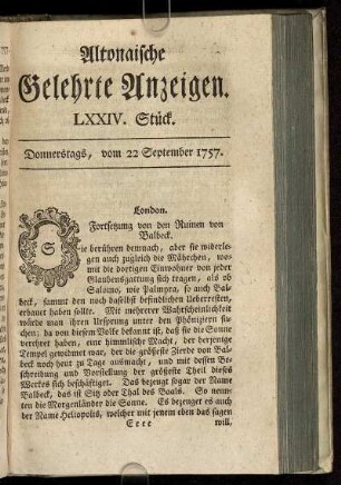 LXXIV. Stück. Donnerstags, vom 22 September 1757