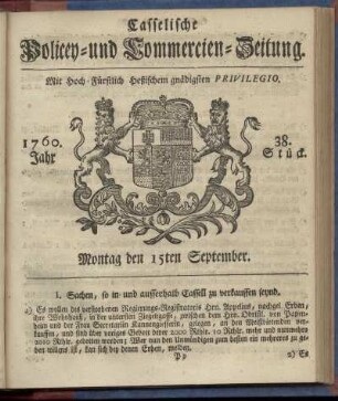 38. Stueck, Montag den 15ten September 1760