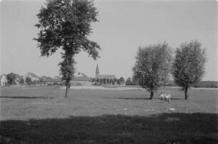 Luppa. Blick auf das Dorf und die Kirche. : Łupoj. Napohlad na wjes a cyrkej.