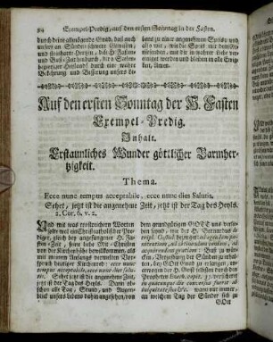 Auf den ersten Sonntag der H. Fasten Exempel-Predig. Inhalt. Erstaunliches Wunder göttlicher Barmhertzigkeit