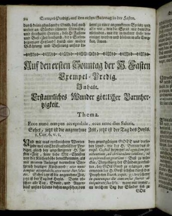 Auf den ersten Sonntag der H. Fasten Exempel-Predig. Inhalt. Erstaunliches Wunder göttlicher Barmhertzigkeit