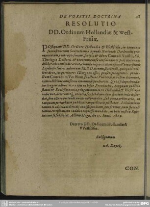 De Vorstii Doctrina Resolutio DD. Ordinum Hollandiae & Westfrisiae
