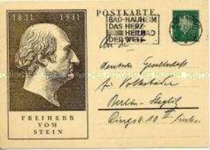 Postkartenvordruck zum 100. Todestag des Freiherrn vom Stein