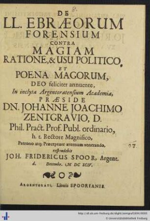 De LL. Ebraeorum Forensium Contra Magiam Ratione, & Usu Politico, Et Poena Magorum