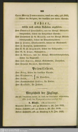 Verzeichniß der Zöglinge