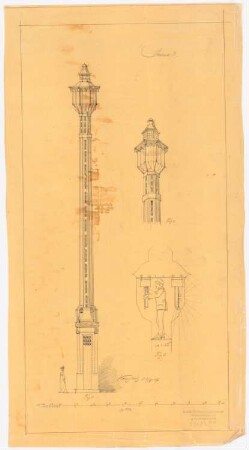 Straßenlaterne: Ansicht, perspektivische Ansicht, Schnittskizze, 1:50