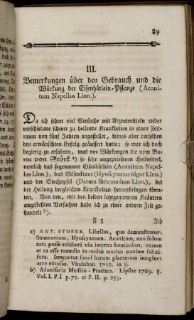 III. Bemerkungen über den Gebrauch und die Würkung der Eisenhütlein- Pflanze (Aconium Napellus Linn.).