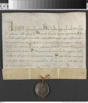Papst Alexander IV. gewährt dem Dominikaner-Orden ein Privileg. iij Idus may. ponificat nostri Anno Quarto;. viterbij. Bleibulle an rot-gelben Seidenfäden
