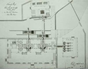 Dresden, Pulvermühle an der Weißeritz, Erdgeschossgrundriss : Dresden, Pulvermühle an der Weißeritz, Wasserradantrieb, Grundriss Erdgeschoss, lavierte Federzeichnung, E. 18 Jh.