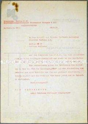 Durchschlag eines Schreibens der Künstlervereinigung "Die Abstrakten" an das Kartell der Vereinigten Verbände Bildender Künstler Berlins zur Großen Berliner Kunstausstellung 1931 - Sachkonvolut