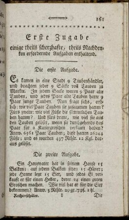Erste Zugabe einige theils scherzhafte, theils Nachdenken erfordernde Aufgaben enthaltend.