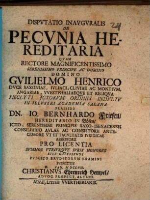 Disp. inaug. de pecunia hereditaria