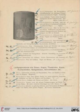 Lackgegenstände wie Dosen, Kogos, Theekästen, Koros, Kuchenkästen, Spiegeldosen, Schreibkästen (Nr. 146-210b)