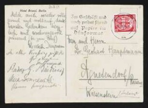 Brief von Rudolf G. Binding, Elisabeth Beerbohm, Hanns Swarzenski, Georg Swarzenski und Mia Swarzenski an Margarete Hauptmann und Gerhart Hauptmann
