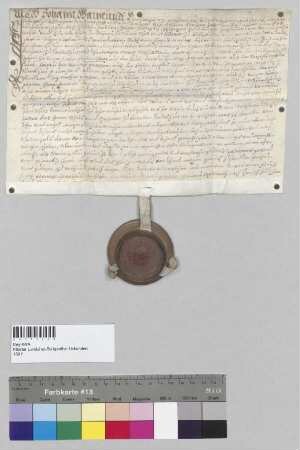 Johann Warmund von Preysing, Freiherr zu Altenpreysing etc., Rat und Pfleger zu Vilshofen, belehnt Johann Baumgartner, Hofapotheker zu Landshut und Lehenträger seiner Ehefrau Maria Sophia Mohn, mit benannten Zehnten zu Fraunberg, Hagenau, Wolferkofen und Pirckhoven im Landgericht Teisbach. S: Johann Warmund von Preysing, Freiherr zu Altenpreysing etc., Rat und Pfleger zu Vilshofen