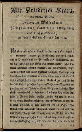 Wir Friederich Franz, von Gottes Gnaden Herzog zu Mecklenburg, [...]