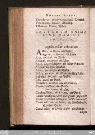 Brutorum Animalium Nomina. Locus IV.