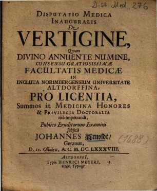 Disputatio Medica Inauguralis De Vertigine