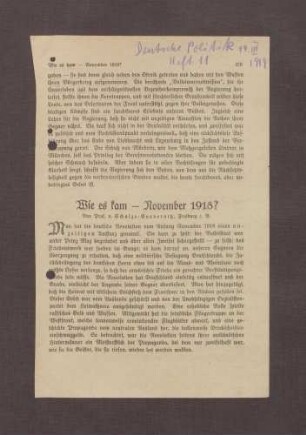 "Wie es kam - November 1918?" von Gerhart von Schulze-Gävernitz, in: Deutsche Politik, Bd. 11