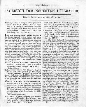 [Sammelrezension:] 1) Leipzig, b. Leo: Magazin für Freunde des guten Geschmacks. Fünfter Band. VII. Heft. Gefäße. 1 Blatt Text und 6 Kupfer. Vierter Band. VIII. Heft: Ideen für Gartenfreunde. 2 Blätter Text, 7 Kupfertafeln und ein Register über den ganzen fünften Band. In 4. broch. --- 2) Ebendas. [Leipzig, b. Leo]: Artistische Blätter, der Verzierung und Verschönerungskunst gewidmet. Erster Band. Erstes Heft. Mit 10 Kupfert. und 11 S. Text. gr. 4. In Pappe gebunden.