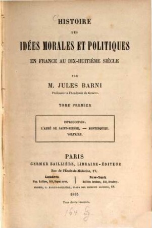 Histoire des Idées morales et politiques en France au dix-huitième siècle, 1