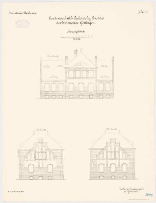 Landwirtschaftlich-Bakteriologisches Institut der Universität Göttingen: Hauptgebäude: Aufriss Nordansicht, Ostansicht und Westansicht 1:100