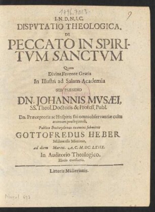 Disputatio Theologica. De Peccato In Spiritum Sanctum