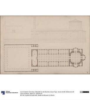 Entwürfe für die Basilika neuen Typs. Querschnitt, Seitenansicht und Grundriss