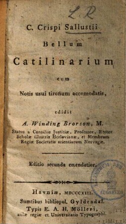 Bellum Catilinarium : cum notis usui tironum accomodatis